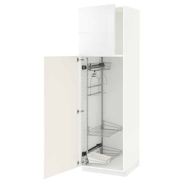 Modern white high cabinet, part of METOD kitchen system, has pull-out wire shelves and snap-on hinges, ideal for kitchen or laundry room.