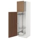 METOD tall kitchen cabinet in white, with wooden doors, open displaying steel shelves.