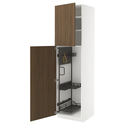 A white METOD kitchen cabinet with one door open. It modern walnut-colored doors and internal organisers.