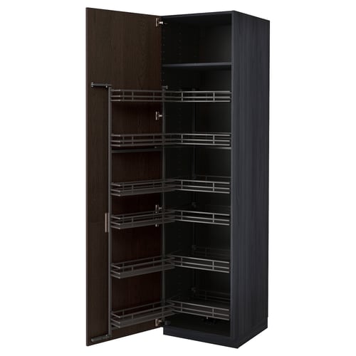 Dark brown METOD kitchen cabinet, oak veneer with wooden edge, sleek pull-out shelves.