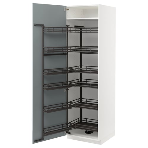 White kitchen cabinet with blue-gray pull-out shelves, modern and sleek design.