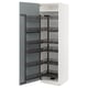 White kitchen cabinet with blue-gray pull-out shelves, modern and sleek design.