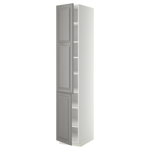 Soft grey METOD kitchen cabinet with bevelled doors and adjustable shelves.