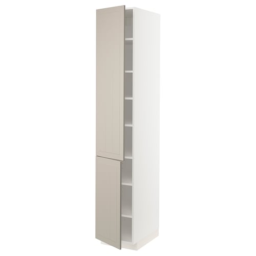 METOD kitchen cabinet in beige. Tall, narrow, white with two adjustable shelves. Two attachable beige doors. Modern, minimalist design.