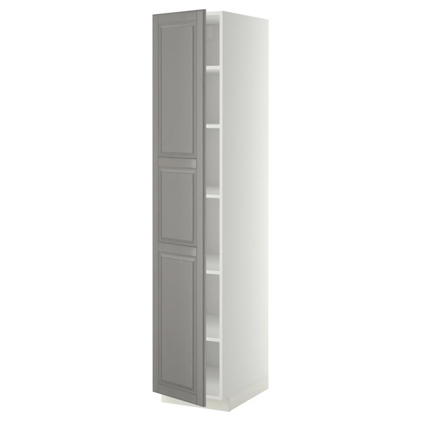 A tall, slim, white cabinet with a soft grey door featuring bevelled edges. The door is open, revealing an adjustable shelf inside.