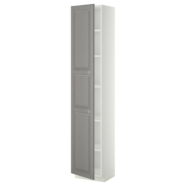 A vertical METOD kitchen cabinet in grey with a traditional design, featuring adjustable shelves and a door on the right or left.