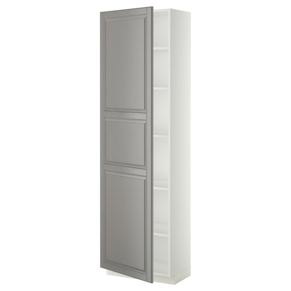 METOD grey cabinet, slim, tall, bevelled doors, white shelves.