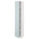 A modern, tall white ikea METOD kitchen cabinet with a high-gloss grey-blue door, including shelves, in a sleek design.