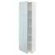 Modern white cabinet with grey-blue glass door and adjustable shelves.