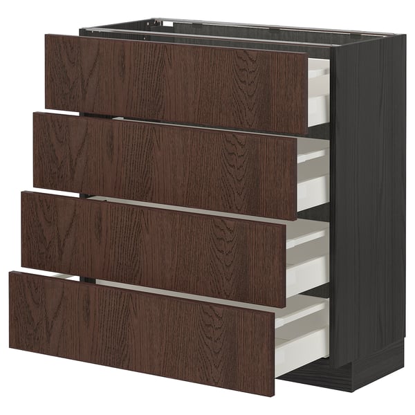 METOD kitchen unit with four open dark brown wooden drawers, smooth edges, metallic runners visible.
