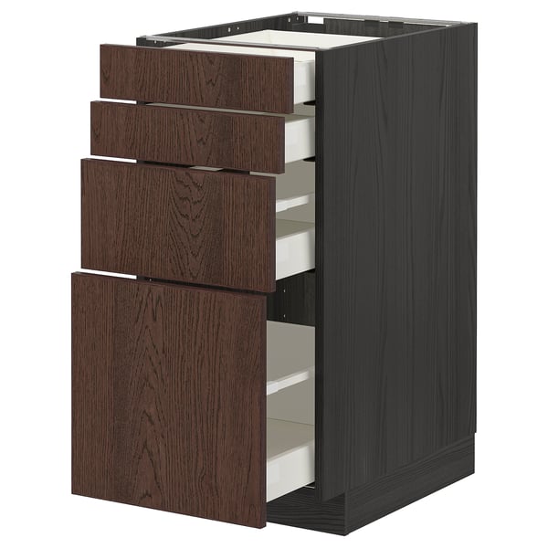 Dark brown METOD cabinet with three open drawers and two closed, dark wood grain, sleek design.
