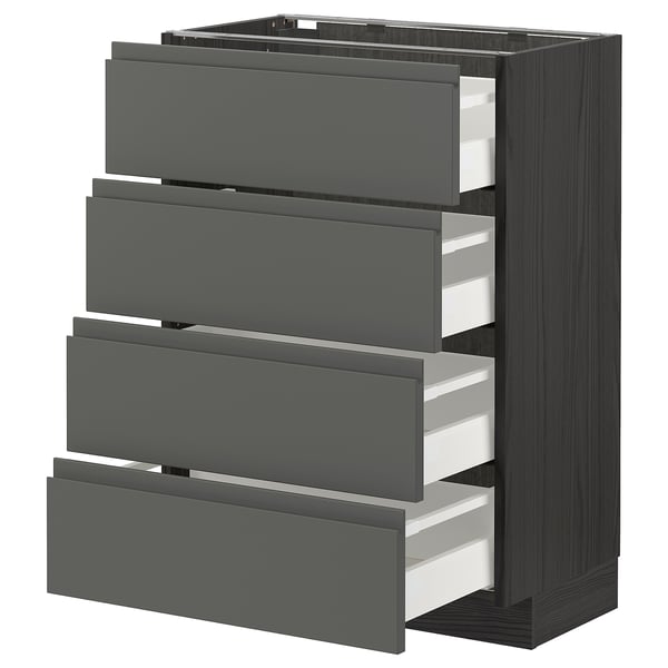 Modern grey kitchen cabinet with four pull-out drawers and metallic finish.