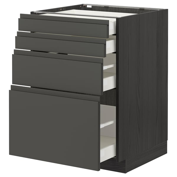 Modern grey kitchen unit with six drawers, dark wood finish, sleek integrated handles, and a minimalist design.