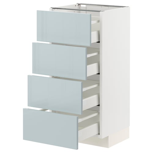 Modern tall white kitchen cabinet with four light blue pullout drawers.