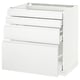 White modern kitchen cabinet with three drawers, sleek minimalist design.