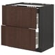 Brown METOD kitchen unit with two drawers, solid wood edging. Square, dark wooden finish.