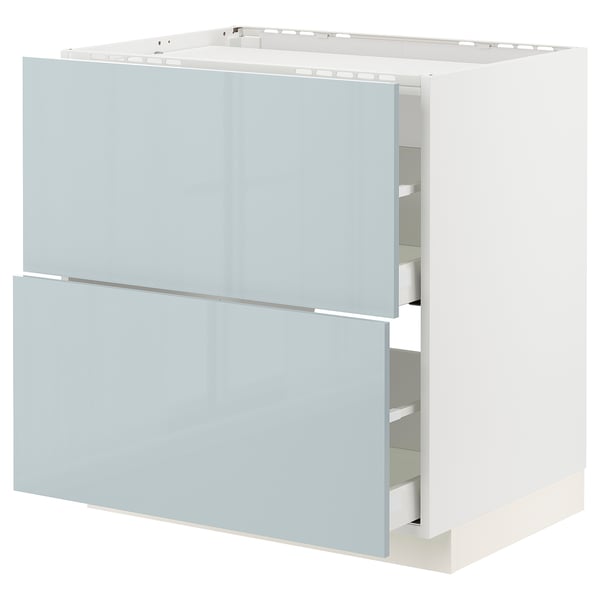 Modern kitchen cabinet in grey-blue with smooth drawers.
