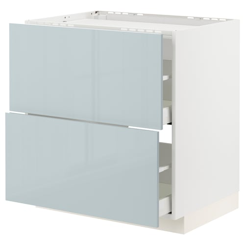 Modern kitchen cabinet in grey-blue with smooth drawers.