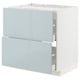 Modern kitchen cabinet in grey-blue with smooth drawers.
