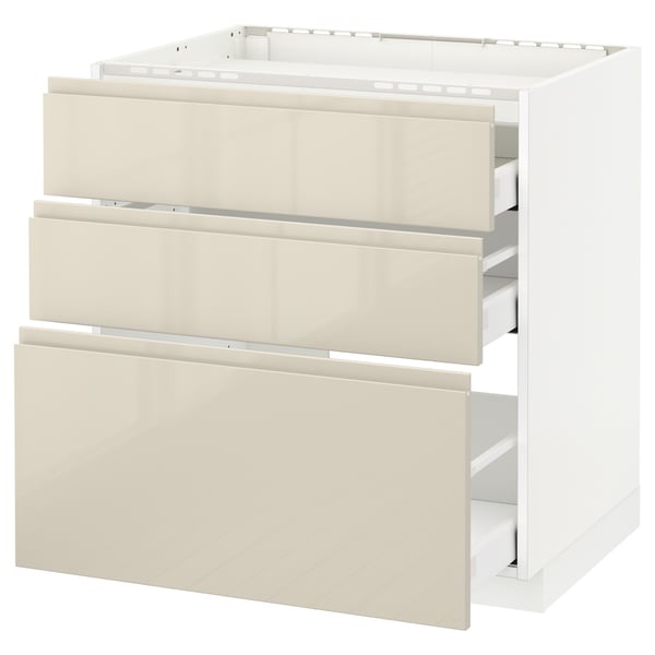 Beige high-gloss METOD cabinet with 3 drawers, sleek & minimalist.