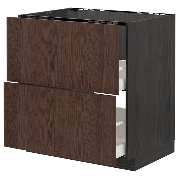 Dark brown ikea METOD kitchen cabinet with 2 drawers and built-in oven/sink.
