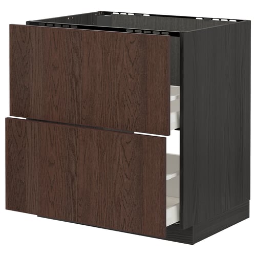 Dark brown ikea METOD kitchen cabinet with 2 drawers and built-in oven/sink.