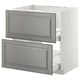 White kitchen cabinet with 2 soft grey drawers and bevelled edges.