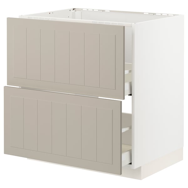 METOD kitchen unit in beige with two drawers, vertical grooves, white frame.