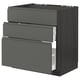 Modern dark grey kitchen unit with integrated handles; three drawers, sleek design.