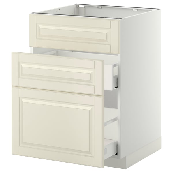 Off-white kitchen cabinet unit with drawer, cream-colored, rectangular, bevelled edges, modern traditional design.