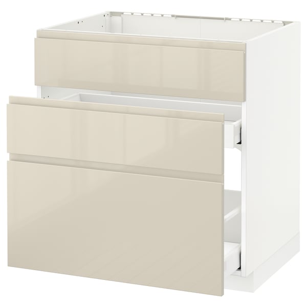 METOD kitchen unit, beige high gloss, 3 drawers, white frame, sleek modern design.