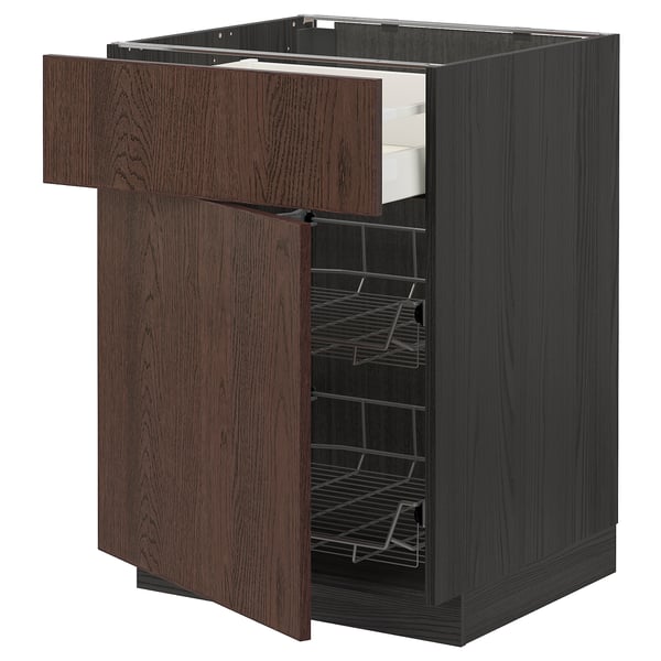 Dark brown METOD kitchen cabinet with oak veneer, featuring pull-out shelves and drawer, designed for organised storage.