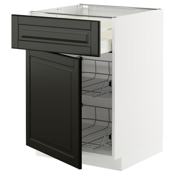 METOD kitchen unit; black & white, wood, modern design; pull-out drawer and shelves.