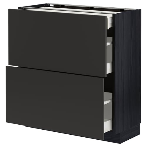 Modern black kitchen unit with two large drawers and three smaller drawers, sleek and functional design.