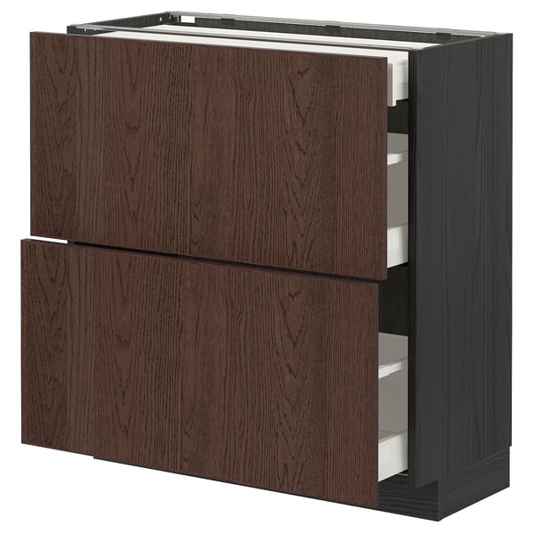 METOD dark brown kitchen cabinet with modern, sleek design featuring wood grain and self-closing drawers.