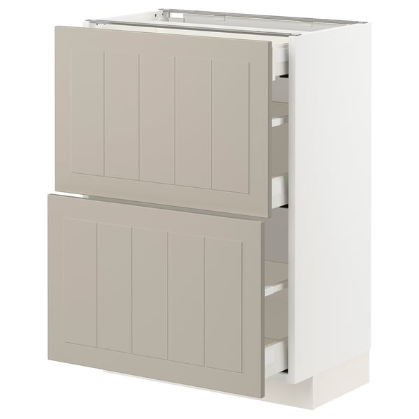 METOD kitchen unit with beige stensund fronts, two open drawers, rectangular shape.