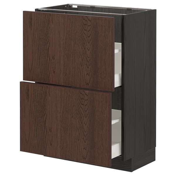 Modern kitchen unit, dark brown oak. Two drawers, wooden edges, square design.