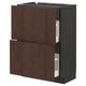 Modern kitchen unit, dark brown oak. Two drawers, wooden edges, square design.