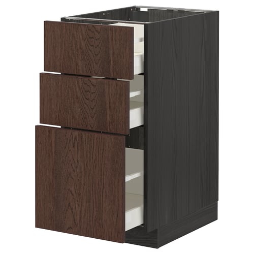 METOD kitchen unit with three dark oak drawers, square shape, sleek design.