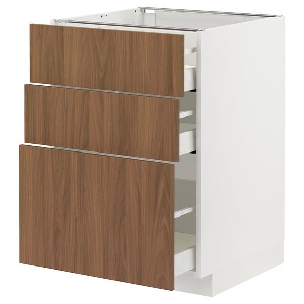 METOD kitchen cabinet, white frame, walnut drawers, three large drawers.