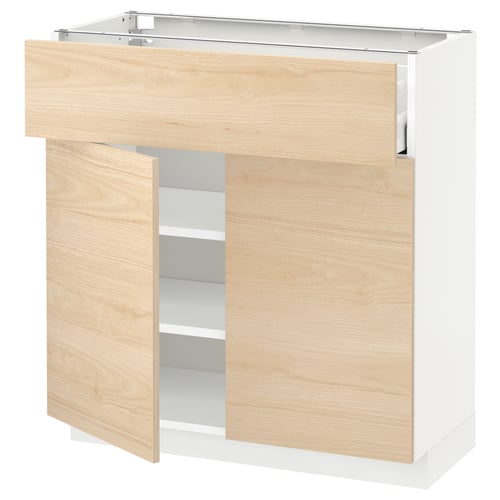 Light ash ikea METOD kitchen unit with large drawers and open shelf.