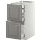 Modern kitchen unit, white with grey drawers, traditional style.