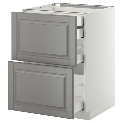 Modern grey two-drawer kitchen cabinet with white frame and silver handles.