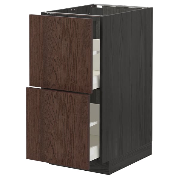 Dark brown METOD kitchen unit with sinarp drawers. Solid wood edging, oak veneer, sturdy box shape, 3 visible drawers.