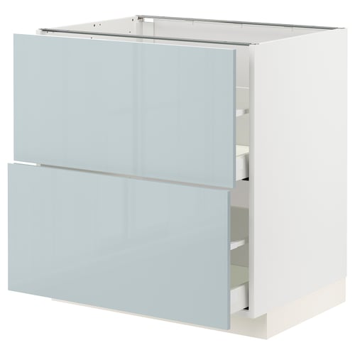 Modern grey-blue high-gloss kitchen cabinet with two drawers and smooth run system.