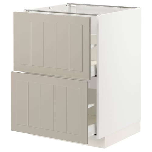 Beige METOD kitchen cabinet with two drawers and two doors. Modern, rectangular shape, crafted look.