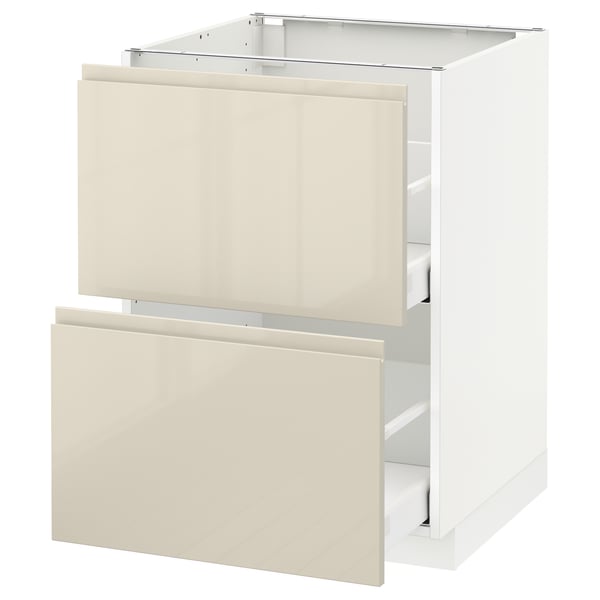 Modern kitchen unit, white with glossy beige drawers, rectangular shape, minimalist design.