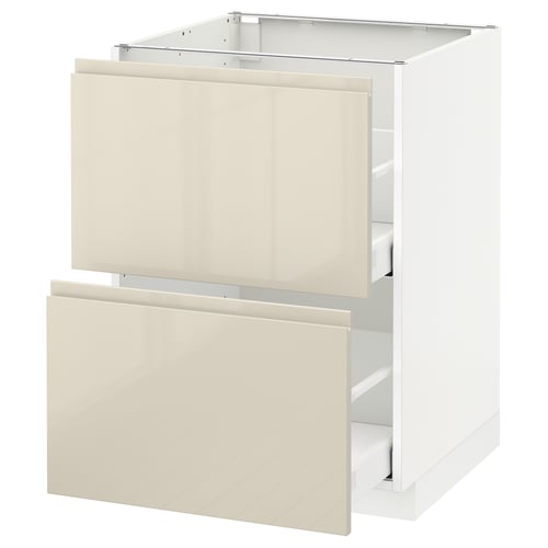 Modern kitchen unit, white with glossy beige drawers, rectangular shape, minimalist design.