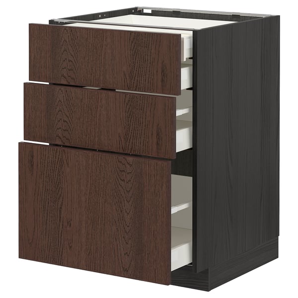 A dark brown METOD kitchen cabinet with multiple drawers. The cabinet a wood-like finish and sleek design.