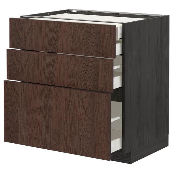 Dark brown wooden kitchen drawer unit, 3 drawers open, modern, sleek design, sturdy, flat surface.
